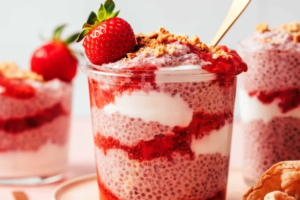 Strawberry chia pudding layered with cream in a clear glass jar