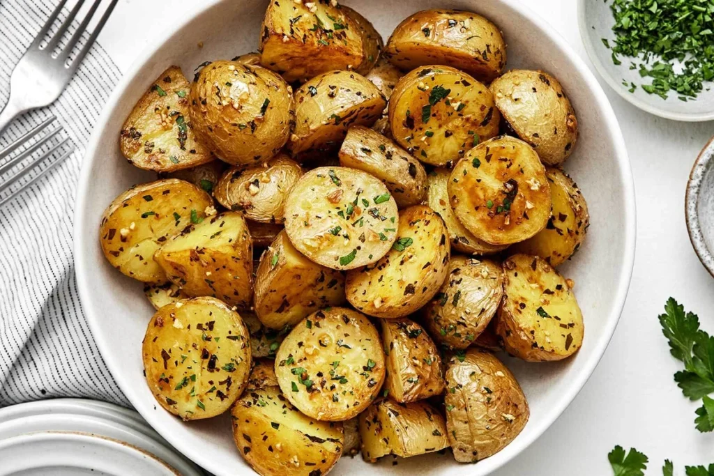 Golden roasted baby potatoes in white ceramic bowl with herbs