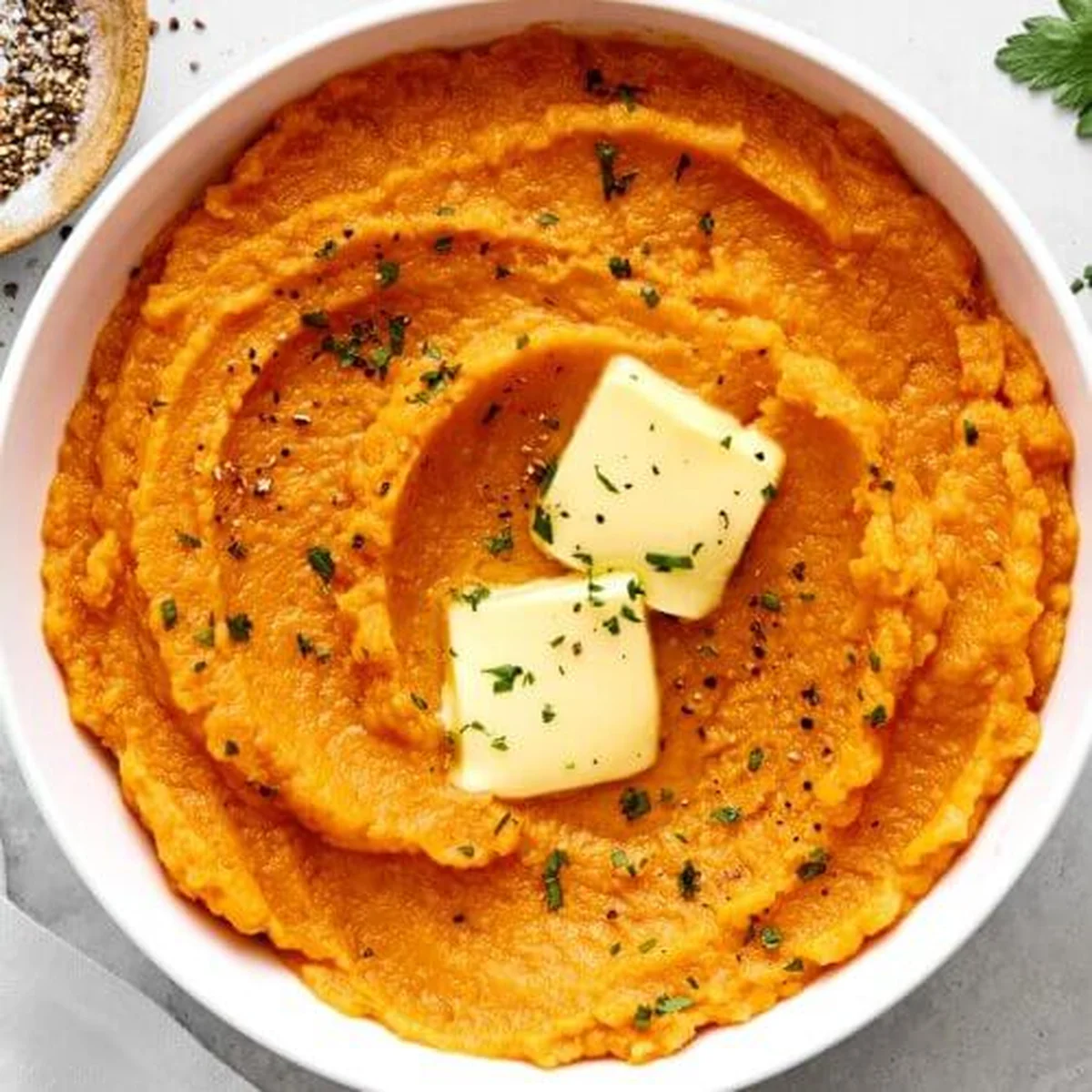 Orange mashed sweet potatoes in white ceramic bowl with butter