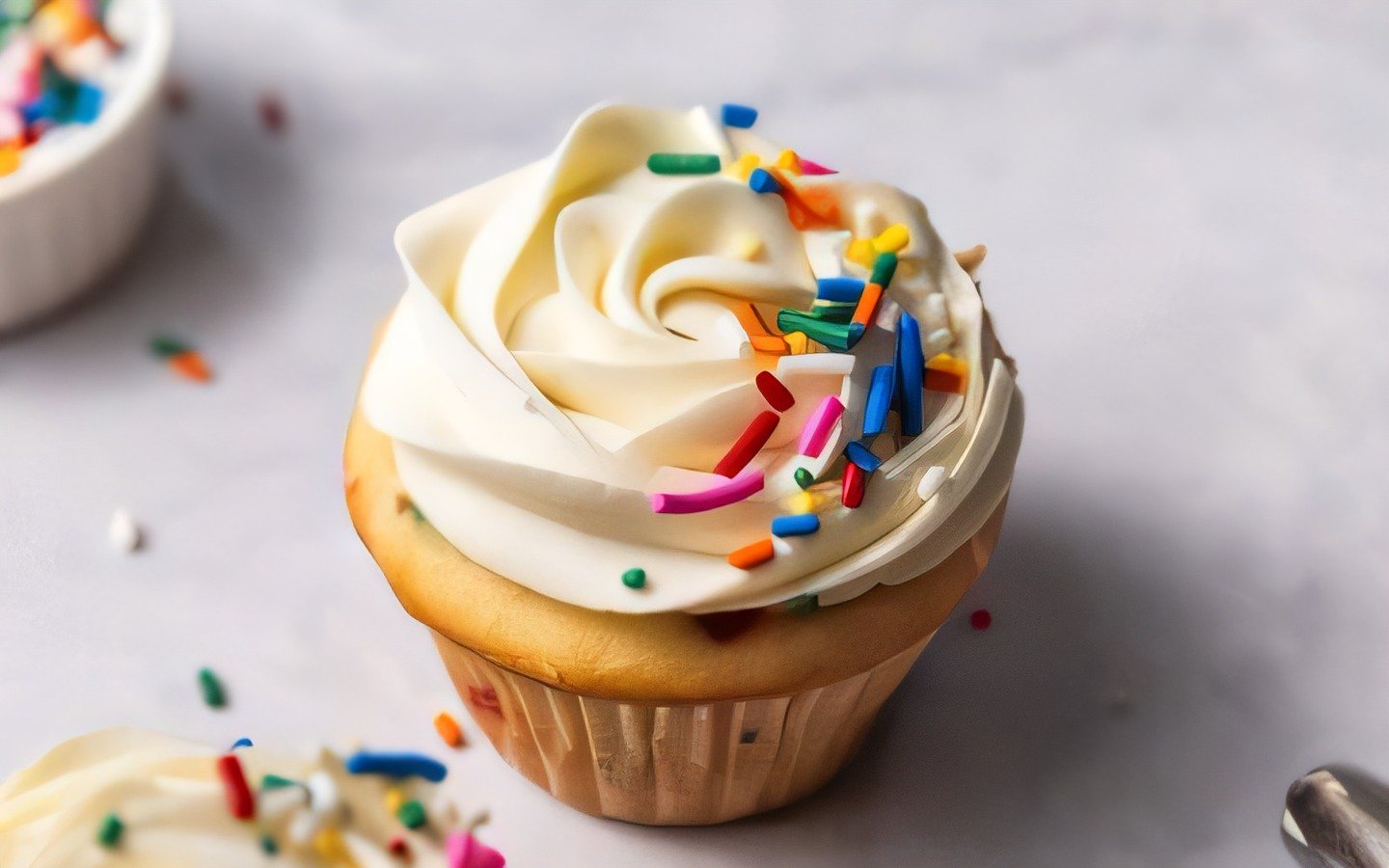 Overhead view of frosted funfetti cupcakes with scattered sprinkles