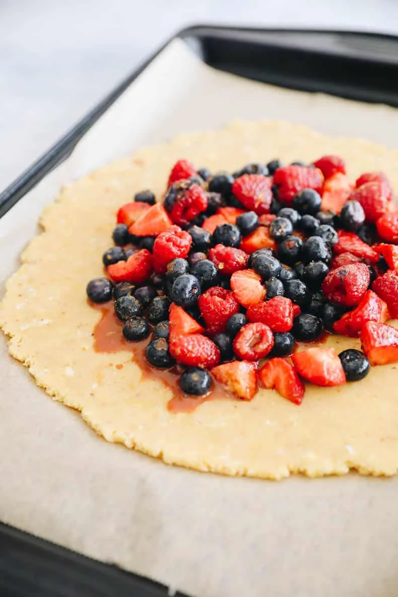 Unbaked galette with berry filling and folded crust edges