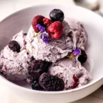 Honey lavender no churn ice cream scooped in a bowl