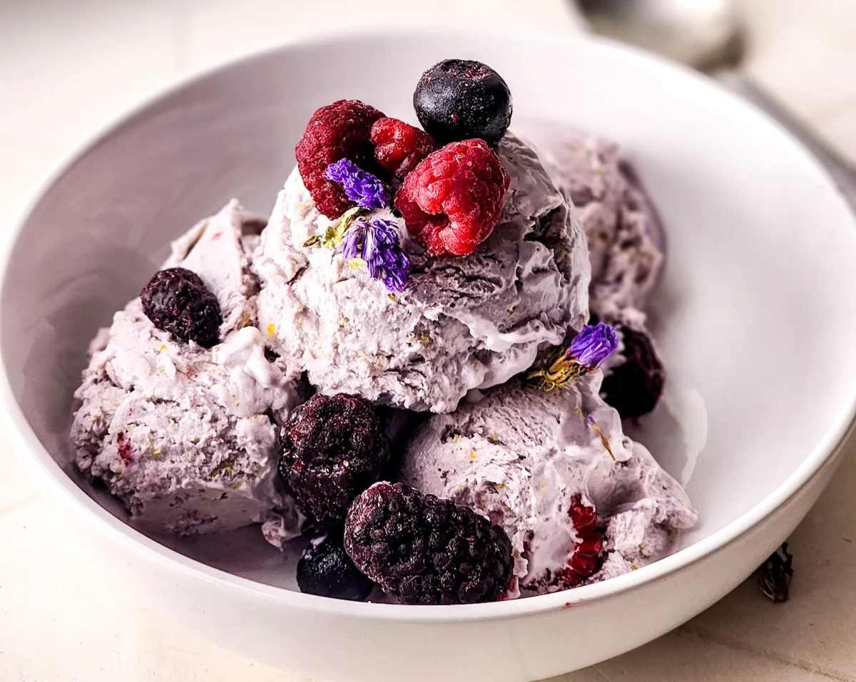 Honey lavender no churn ice cream scooped in a bowl