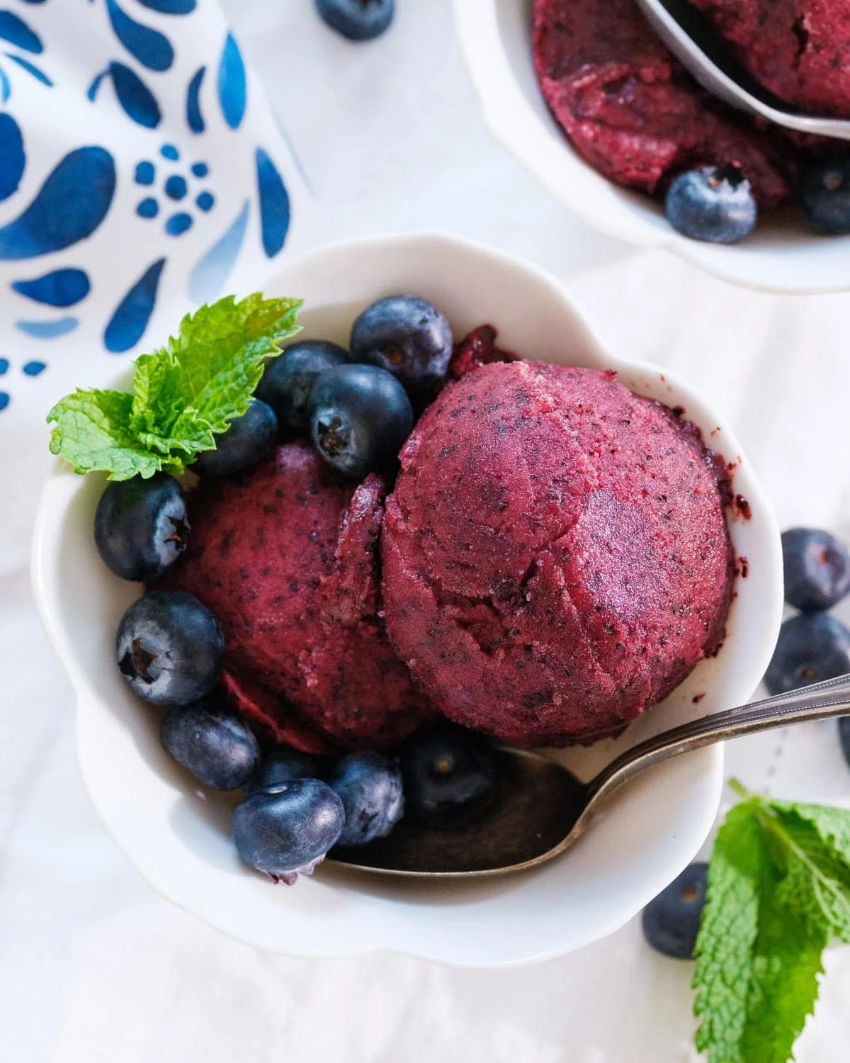 Bowl of deep purple three-ingredient blueberry sorbet with fresh blueberries