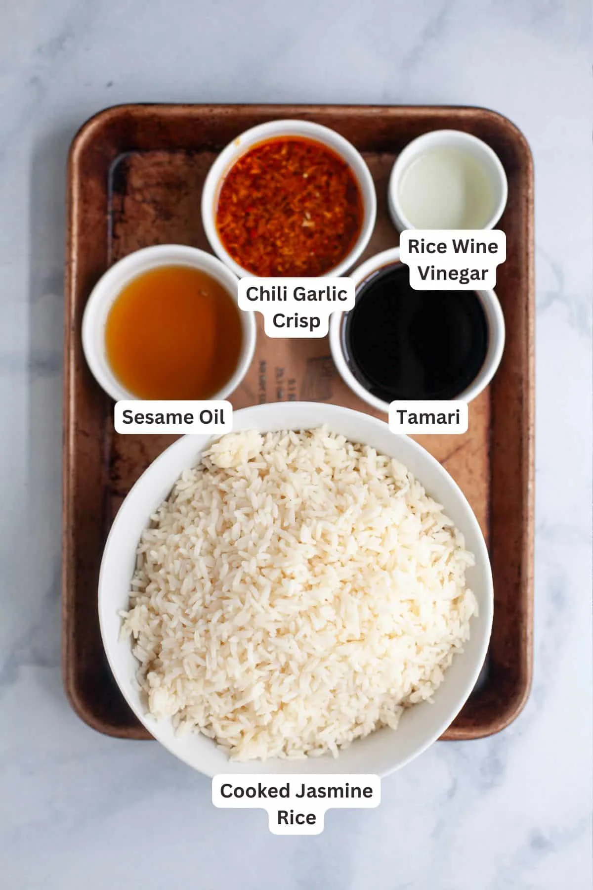 Crispy rice ingredients: rice, sesame oil, tamari, chili crisp, vinegar