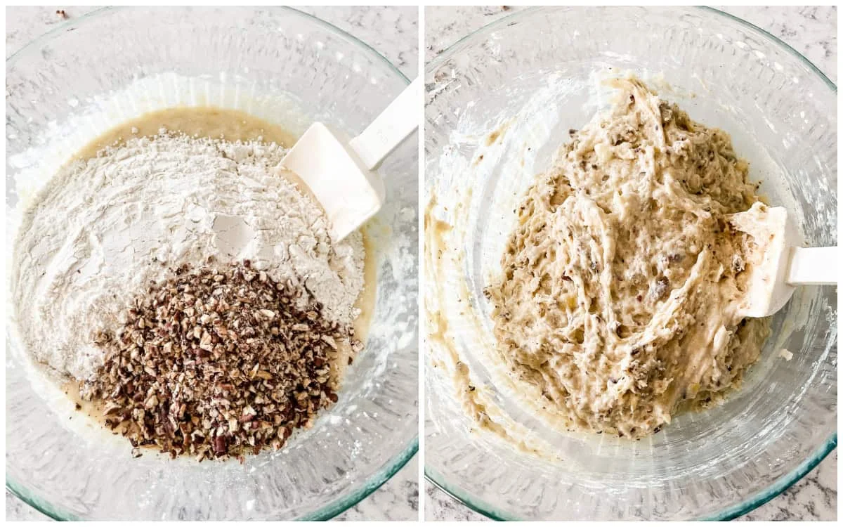 Sourdough banana bread batter being stirred with chopped pecans