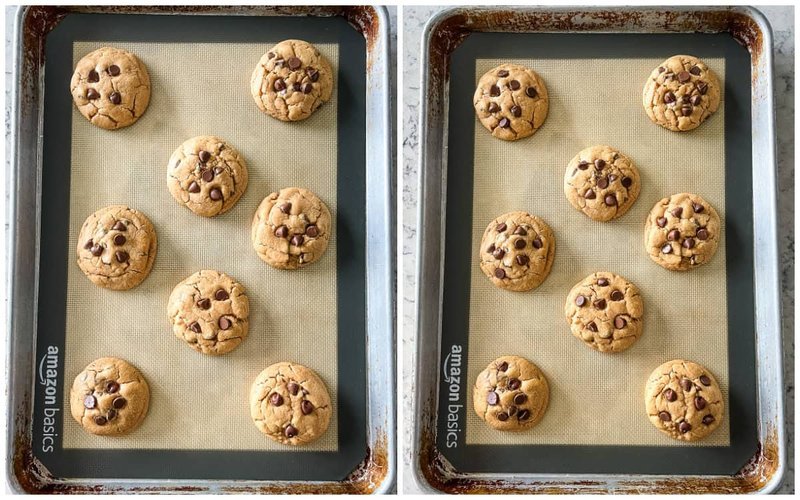 Cookie dough balls pressed with chocolate chips on tray