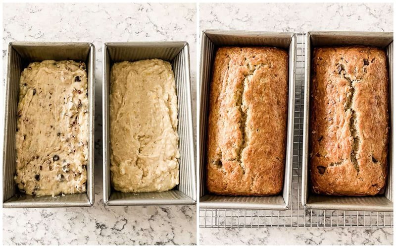 Raw and baked sourdough banana bread loaves side by side