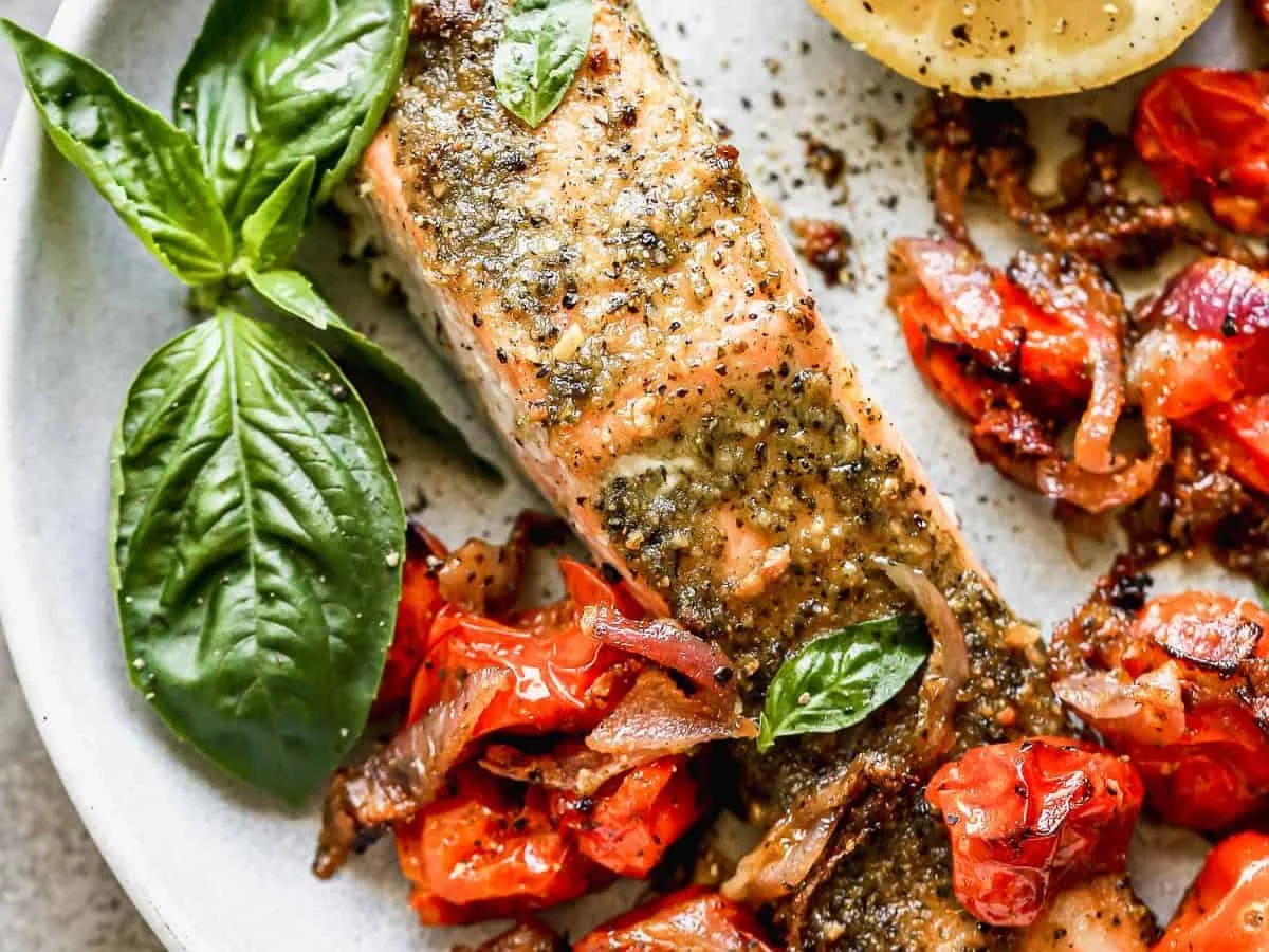 Sheet pan pesto salmon with roasted vegetables