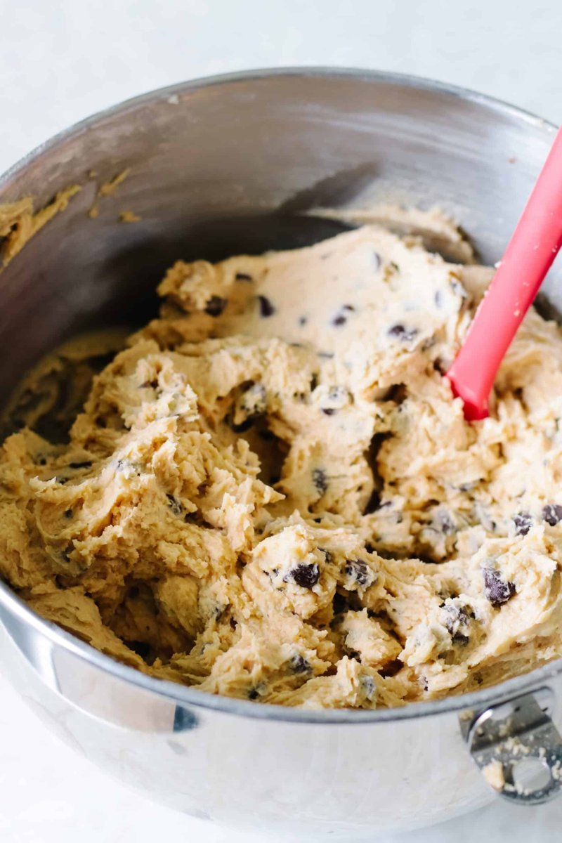 Finished cookie dough folded with chocolate chips in a bowl
