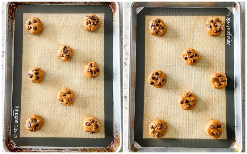 Freshly baked chocolate chip peanut butter cookies on baking sheet