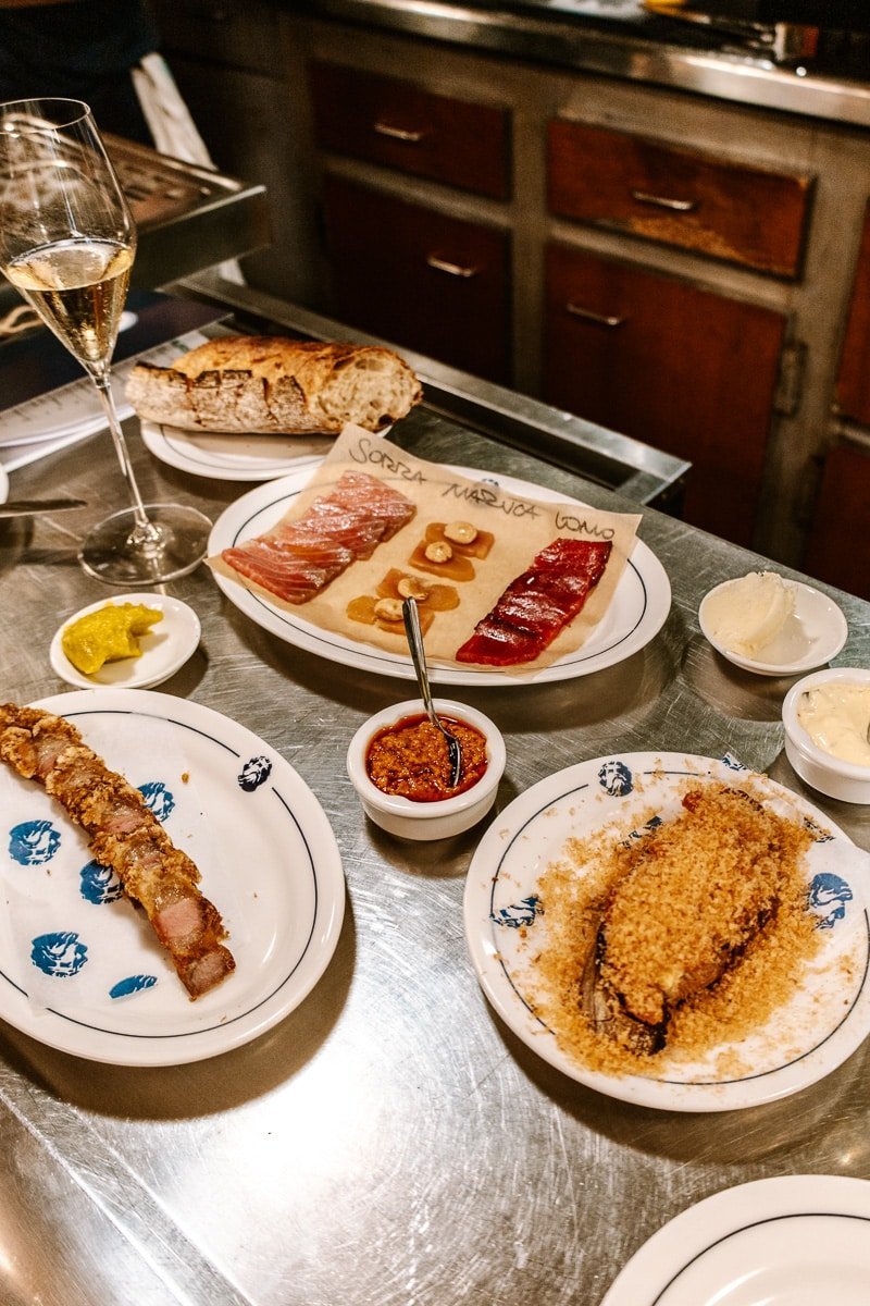 Platter of seafood tapas and cured meats from a Barcelona tapas bar