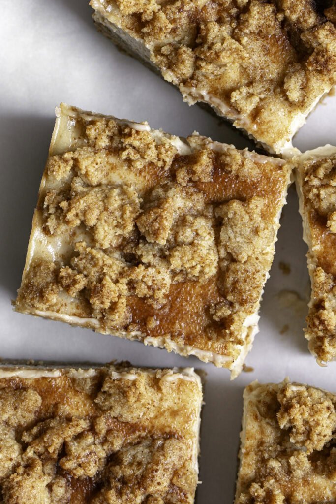 Assembled bars with crumble topping before baking