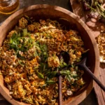 Bowl of crunchy peanut chicken ramen salad with peanuts and herbs