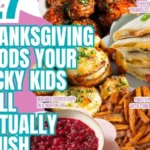 Collage of kid-friendly Thanksgiving dishes with recipe labels