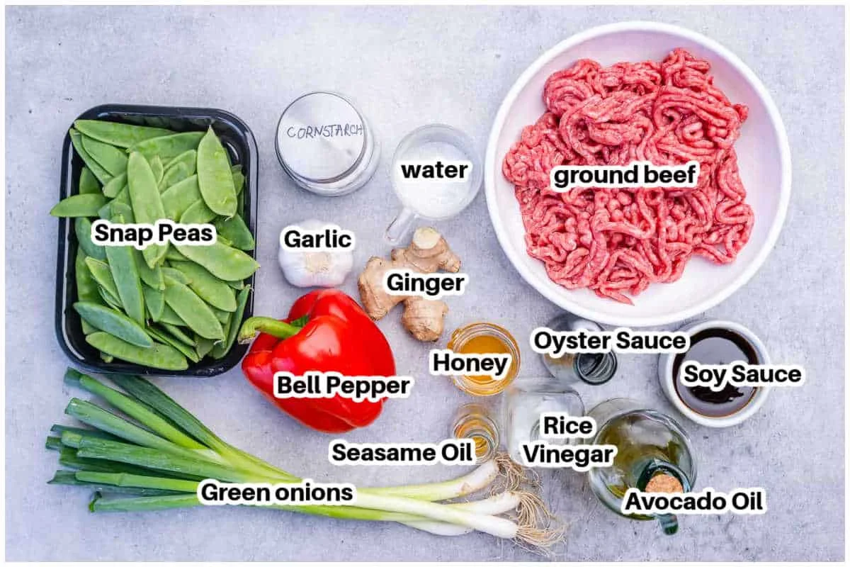 Ingredients for a one-skillet ground beef vegetable stir fry