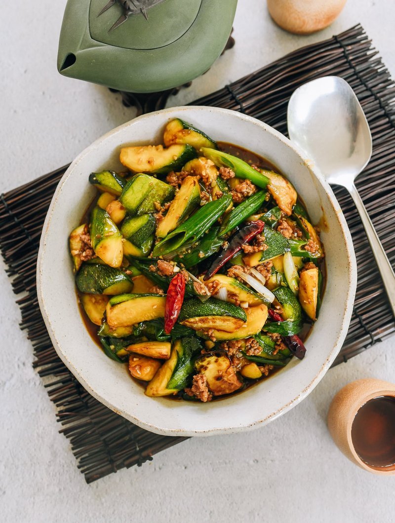 Finished zucchini garlic sauce dish served in a bowl