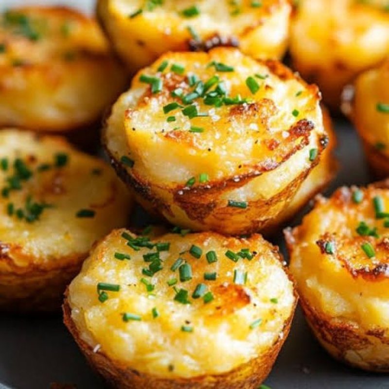 Baked mashed potato cups in a muffin tin